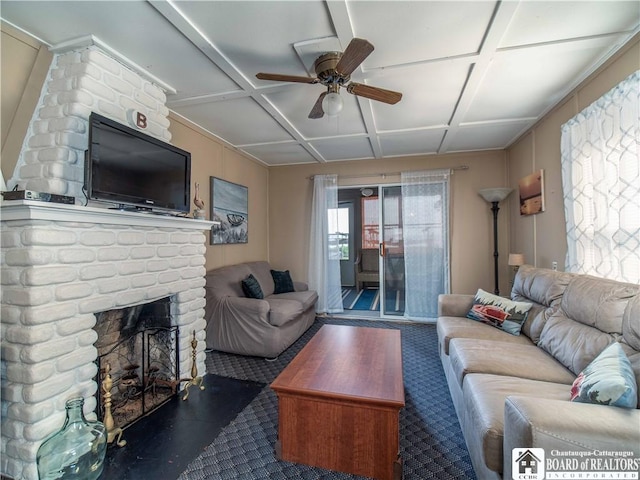 3971 Rte 430, Ellery, NY 14712 - living room featuring coffered ceiling, a ceiling fan, and a brick fireplace
