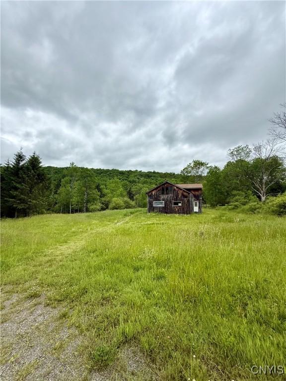 301 Pigeon Hill Rd, Plymouth, NY 13844 - view of yard featuring a wooded view, an outbuilding, and a barn