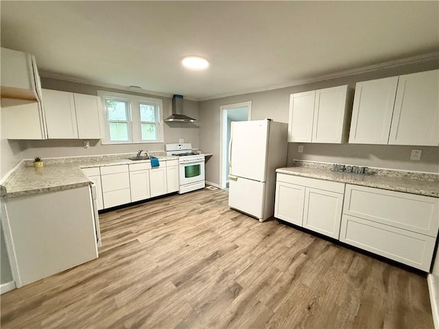 73 E River St, Fayette, NY 13165 - kitchen featuring white appliances, wall chimney exhaust hood, crown molding, light wood-type flooring, and light countertops