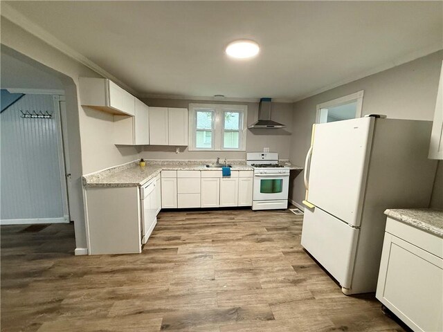 73 E River St, Fayette, NY 13165 - kitchen featuring white appliances, wall chimney range hood, light wood-style floors, white cabinetry, and crown molding