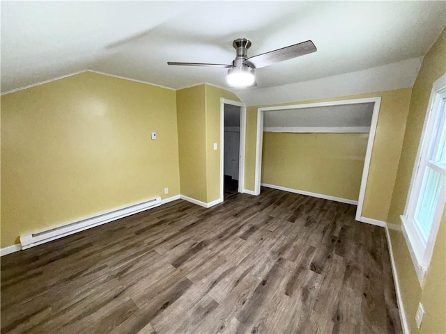 73 E River St, Fayette, NY 13165 - unfurnished bedroom with a baseboard heating unit, lofted ceiling, wood finished floors, a ceiling fan, and a closet