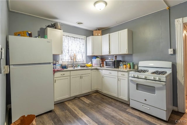 221.5 Lakeview Ave, Syracuse, NY 13204 - kitchen featuring white appliances, dark wood finished floors, and white cabinets