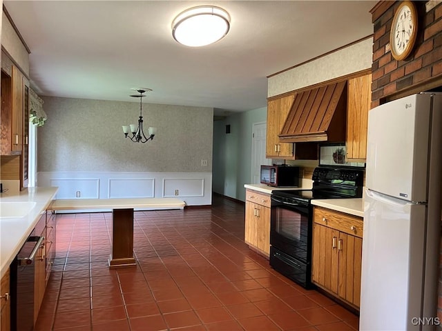 462 Hacadam Rd, Frankfort, NY 13456 - kitchen with black appliances, custom exhaust hood, light countertops, a chandelier, and brown cabinets