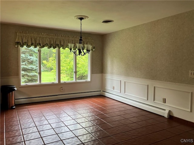 462 Hacadam Rd, Frankfort, NY 13456 - unfurnished dining area featuring baseboard heating, plenty of natural light, a chandelier, wainscoting, and tile patterned floors
