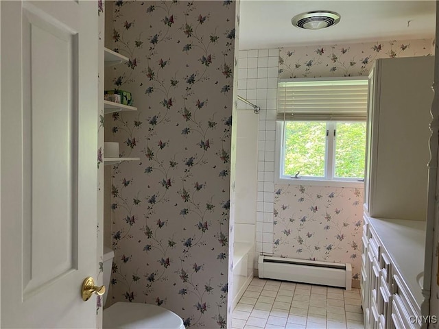 462 Hacadam Rd, Frankfort, NY 13456 - full bathroom featuring baseboard heating, wallpapered walls, tile patterned floors, shower / bathtub combination, and vanity