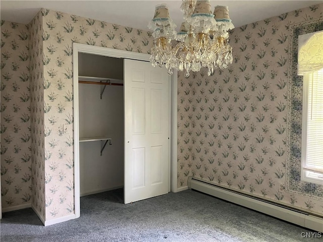 462 Hacadam Rd, Frankfort, NY 13456 - unfurnished bedroom featuring baseboard heating, a chandelier, carpet floors, a closet, and multiple windows