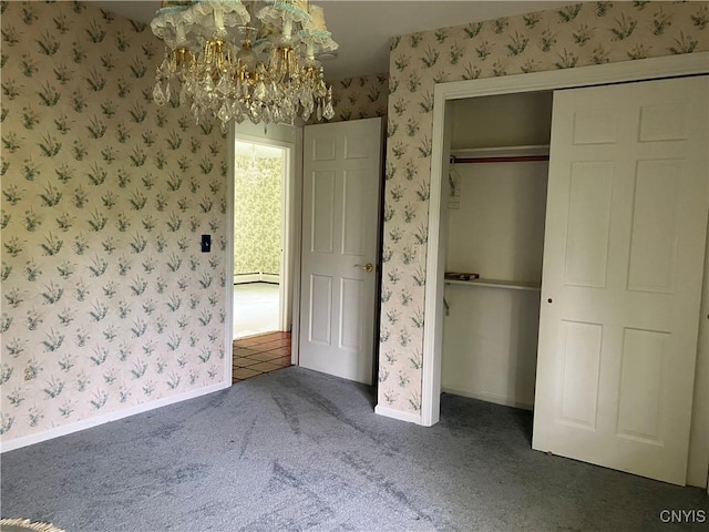 462 Hacadam Rd, Frankfort, NY 13456 - unfurnished bedroom with wallpapered walls, carpet flooring, a chandelier, a baseboard radiator, and a closet