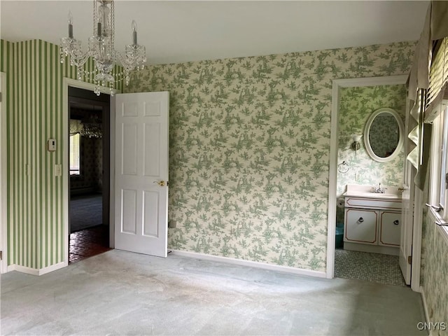 462 Hacadam Rd, Frankfort, NY 13456 - unfurnished bedroom with wallpapered walls, a chandelier, and carpet