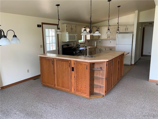 926 Bluff Rd, Carlton, NY 14571 - kitchen with white appliances, lofted ceiling, light countertops, backsplash, and pendant lighting