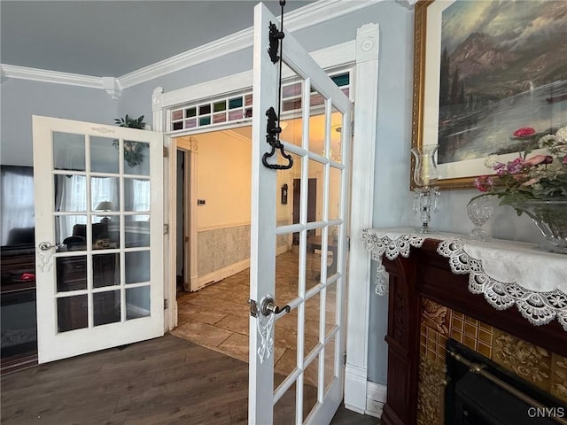 19 Elm Ave, Homer, NY 13077 - entryway featuring crown molding, french doors, and dark wood-style floors