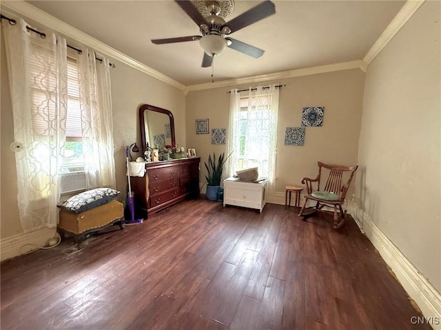 19 Elm Ave, Homer, NY 13077 - living area featuring hardwood / wood-style flooring, ornamental molding, ceiling fan, and cooling unit