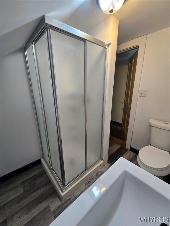 213 Highland Ave, Shelby, NY 14103 - bathroom featuring wood finished floors and a shower stall