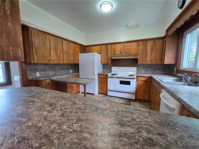 213 Highland Ave, Shelby, NY 14103 - kitchen featuring white appliances, under cabinet range hood, brown cabinets, tasteful backsplash, and ornamental molding