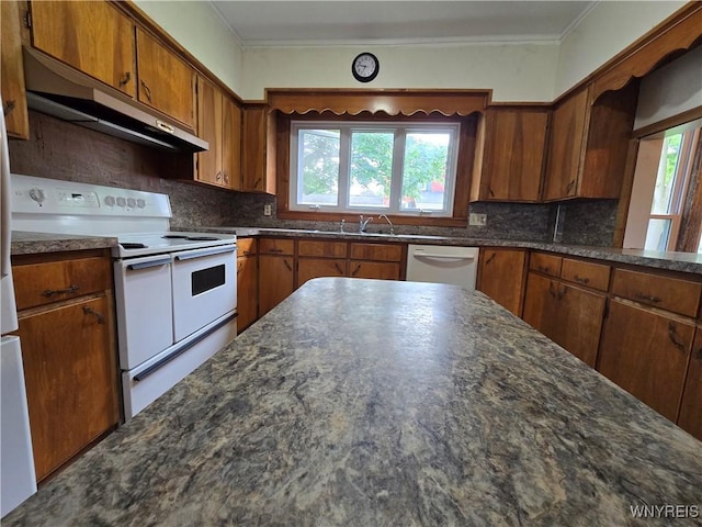 213 Highland Ave, Shelby, NY 14103 - kitchen featuring white appliances, under cabinet range hood, healthy amount of natural light, brown cabinetry, and crown molding