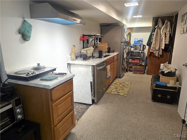 244 Scottholm Ter, Syracuse, NY 13224 - kitchen featuring wall chimney range hood, light colored carpet, brown cabinetry, light countertops, and stainless steel dishwasher