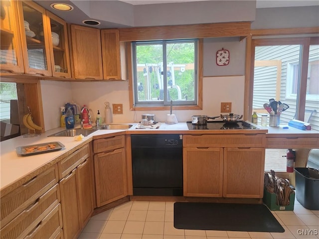 244 Scottholm Ter, Syracuse, NY 13224 - kitchen with black dishwasher, stovetop, light countertops, glass insert cabinets, and light tile patterned floors