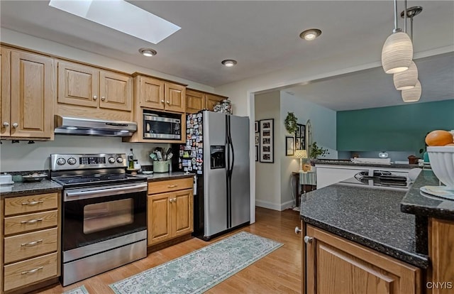 8272 Northgate Dr, Rome-Outside, NY 13440 - kitchen with stainless steel appliances, range hood, a skylight, light wood-style flooring, and decorative light fixtures