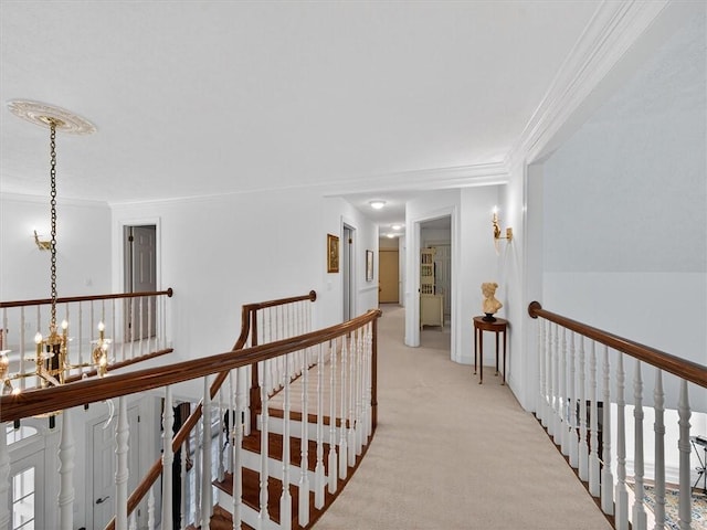 1010 Plank Rd, Penfield, NY 14580 - corridor with an upstairs landing, ornamental molding, light carpet, and a chandelier