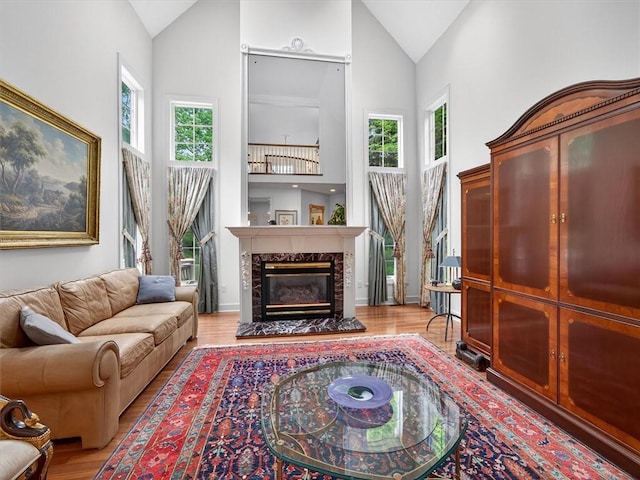 1010 Plank Rd, Penfield, NY 14580 - living room with high vaulted ceiling, wood finished floors, and a fireplace