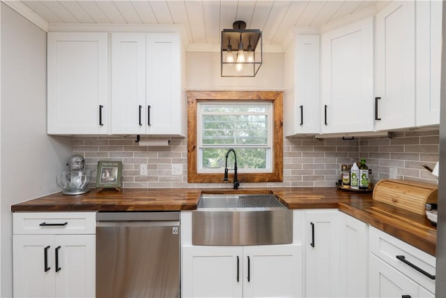 7046 Safford Ave Unit 12, Castile, NY 14530 - kitchen featuring wood counters, dishwasher, backsplash, white cabinetry, and crown molding