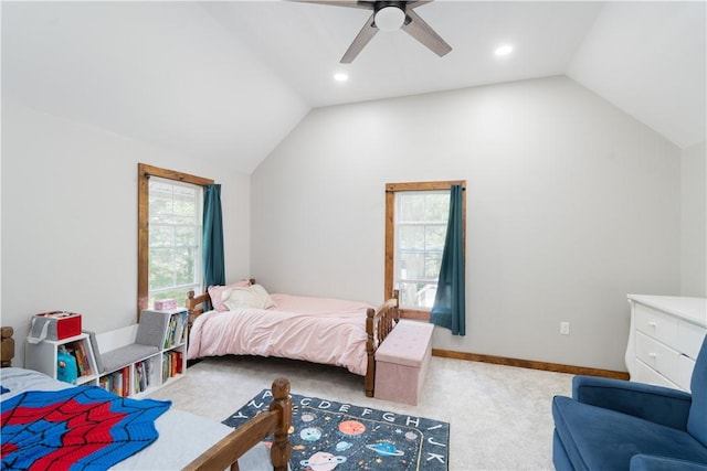 7046 Safford Ave Unit 12, Castile, NY 14530 - carpeted bedroom with lofted ceiling, ceiling fan, and recessed lighting