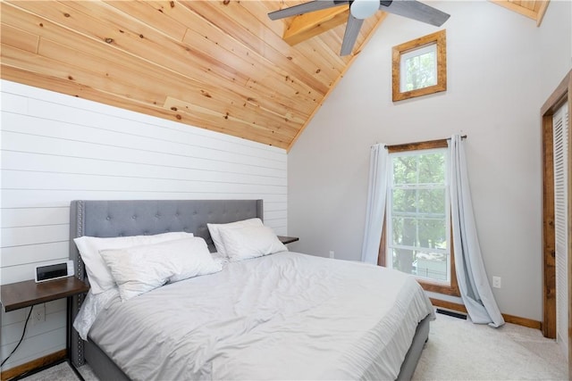 7046 Safford Ave Unit 12, Castile, NY 14530 - carpeted bedroom featuring wood ceiling, high vaulted ceiling, wooden walls, and ceiling fan