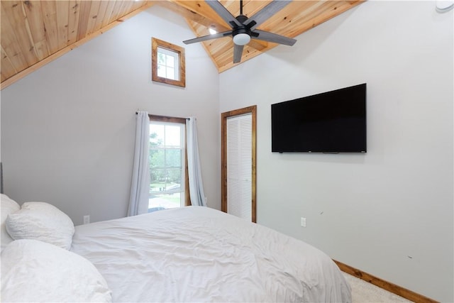 7046 Safford Ave Unit 12, Castile, NY 14530 - carpeted bedroom featuring multiple windows, a closet, wooden ceiling, ceiling fan, and high vaulted ceiling