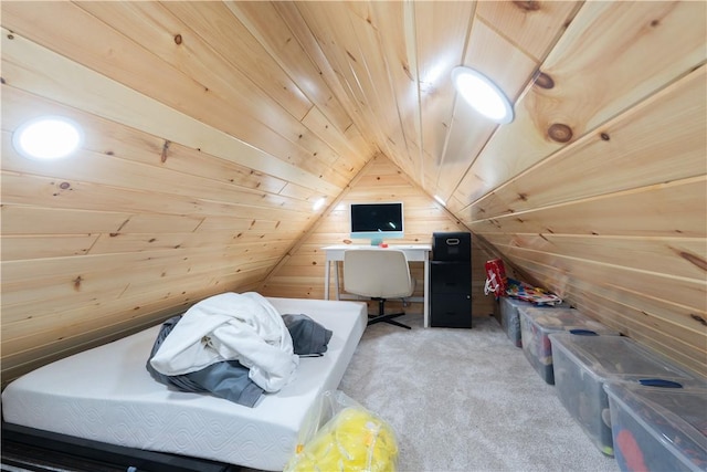 7046 Safford Ave Unit 12, Castile, NY 14530 - carpeted bedroom with wood walls, vaulted ceiling, and wood ceiling