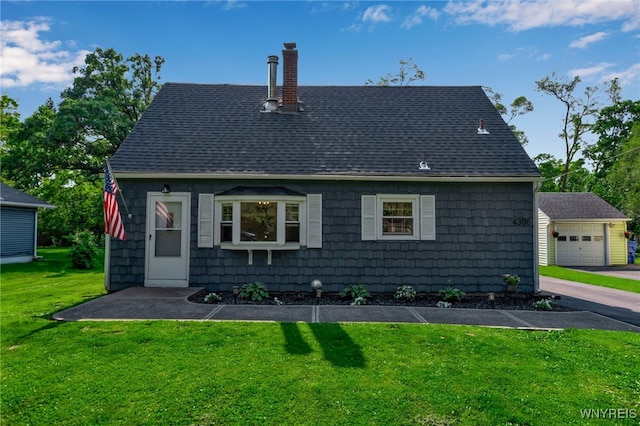 4306 Shimerville Rd, Clarence, NY 14031 - view of front of home featuring roof with shingles, a chimney, an outdoor structure, and a front lawn