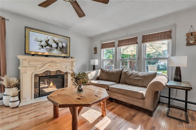 4306 Shimerville Rd, Clarence, NY 14031 - living room with a baseboard radiator, a ceiling fan, light wood-style flooring, and a glass covered fireplace