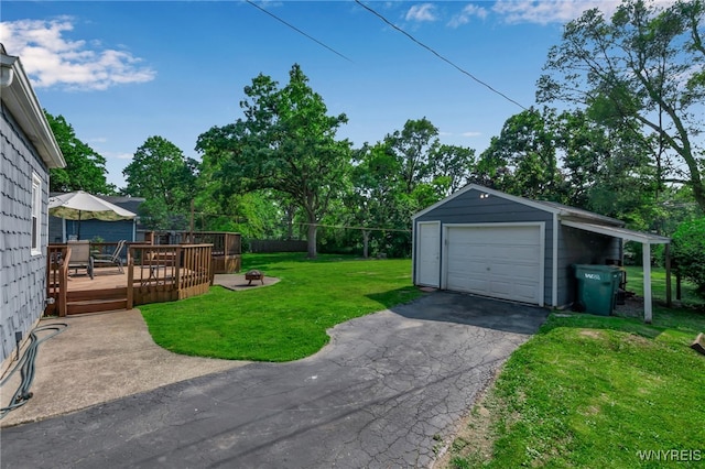 4306 Shimerville Rd, Clarence, NY 14031 - view of grassy yard with a garage, a wooden deck, an outbuilding, and asphalt driveway