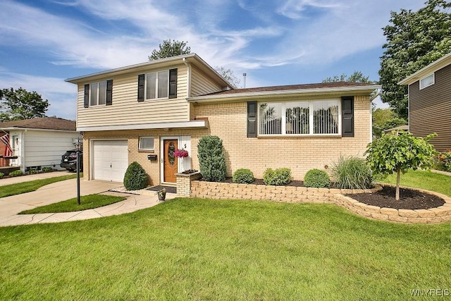 48 Kibler Dr, Lancaster, NY 14043 - tri-level home featuring brick siding, an attached garage, a front yard, and driveway