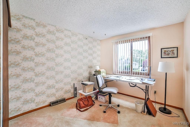 48 Kibler Dr, Lancaster, NY 14043 - office area featuring wallpapered walls, a textured ceiling, and carpet floors