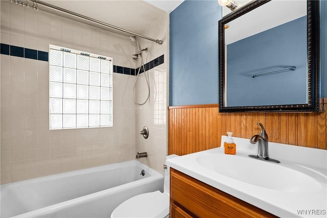482 Loretta St, Tonawanda-Town, NY 14223 - full bathroom with vanity, bathtub / shower combination, wainscoting, and wooden walls