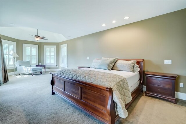393 Mendon Center Rd, Mendon, NY 14472 - bedroom featuring light carpet, lofted ceiling, a ceiling fan, and recessed lighting