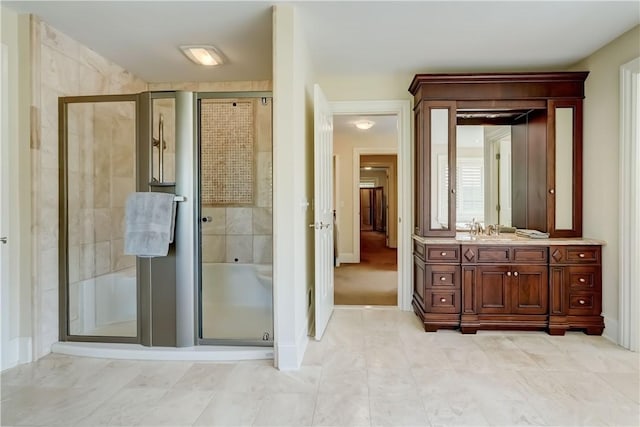 393 Mendon Center Rd, Mendon, NY 14472 - bathroom featuring vanity, a shower stall, and tile patterned flooring