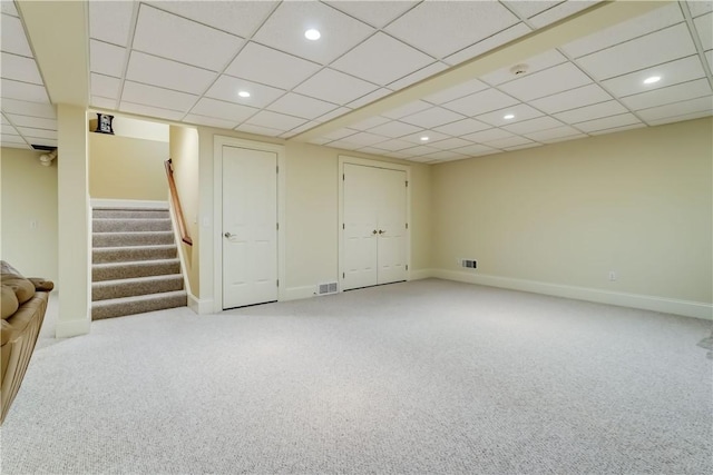 393 Mendon Center Rd, Mendon, NY 14472 - finished basement with carpet floors, stairs, recessed lighting, and a drop ceiling