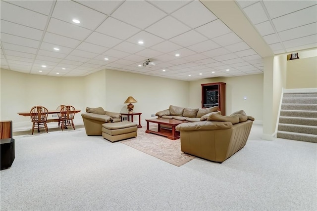 393 Mendon Center Rd, Mendon, NY 14472 - living room with carpet, stairway, recessed lighting, and a drop ceiling