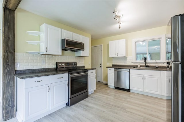 88 Rouge Rd, Henrietta, NY 14623 - kitchen featuring appliances with stainless steel finishes, dark countertops, open shelves, white cabinetry, and decorative backsplash