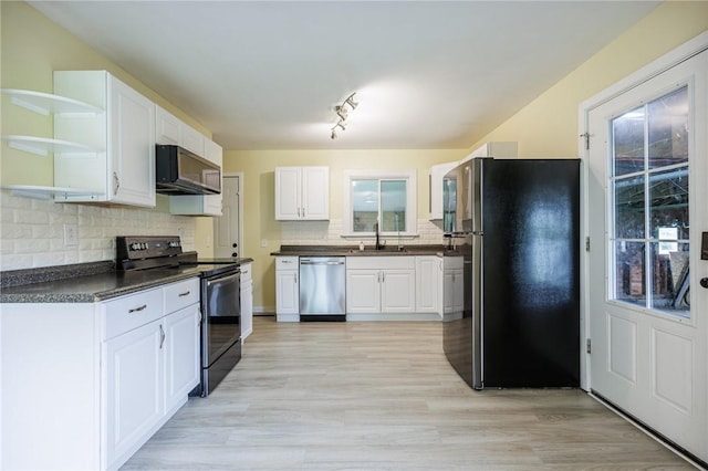 88 Rouge Rd, Henrietta, NY 14623 - kitchen with appliances with stainless steel finishes, dark countertops, white cabinets, backsplash, and open shelves