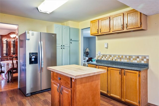 217 Red Lion Rd, Henrietta, NY 14467 - kitchen with stainless steel fridge with ice dispenser, dark wood-style flooring, a center island, backsplash, and wooden counters
