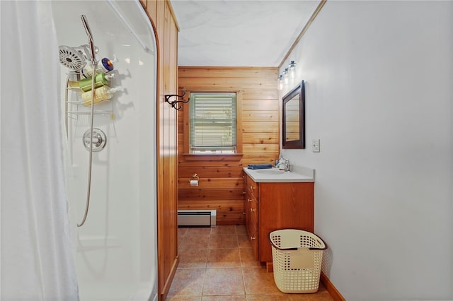 474 Thorpe Rd, Sidney, NY 13838 - bathroom with wood walls, vanity, a shower with curtain, tile patterned floors, and a baseboard radiator
