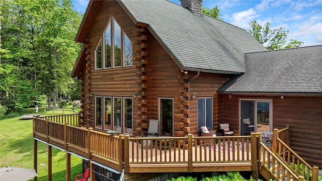 474 Thorpe Rd, Sidney, NY 13838 - rear view of property featuring a wooden deck, a shingled roof, and log siding