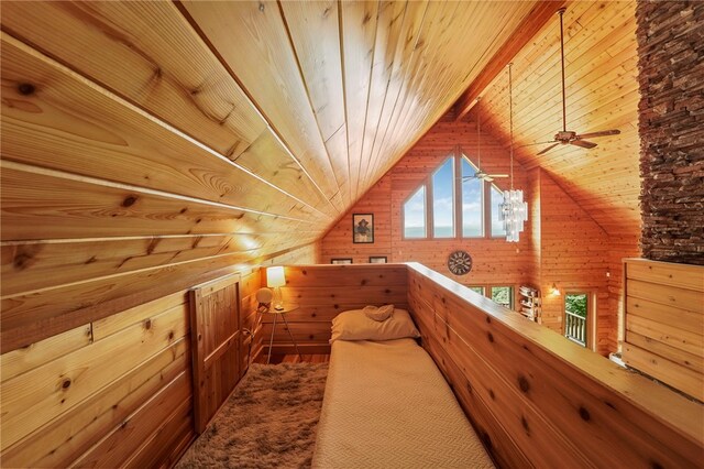 474 Thorpe Rd, Sidney, NY 13838 - bedroom featuring wooden walls, wood ceiling, and vaulted ceiling