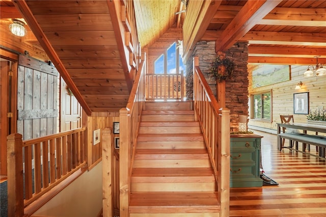 474 Thorpe Rd, Sidney, NY 13838 - stairway with a wooden ceiling with exposed beams, wood finished floors, and wood walls