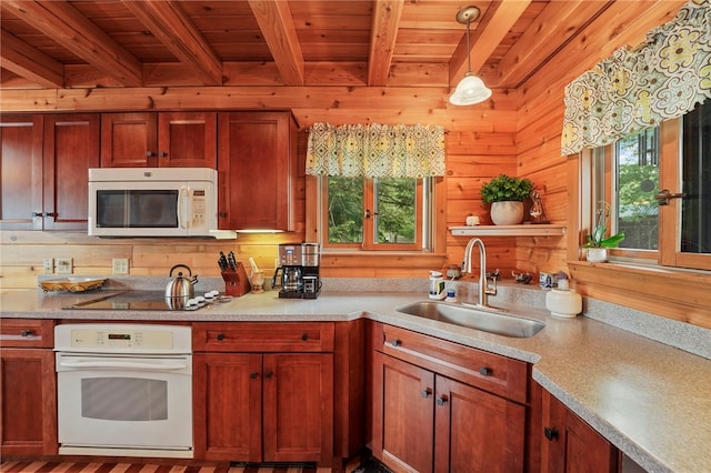 474 Thorpe Rd, Sidney, NY 13838 - kitchen with white appliances, a wooden ceiling with exposed beams, open shelves, wooden walls, and light countertops