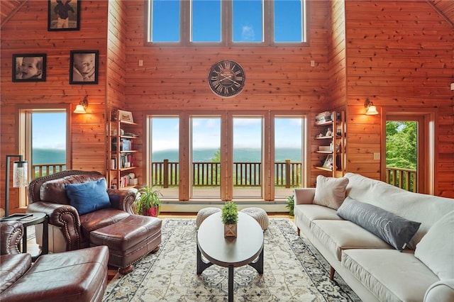 474 Thorpe Rd, Sidney, NY 13838 - living area featuring a high ceiling, wooden walls, a baseboard radiator, and a water view