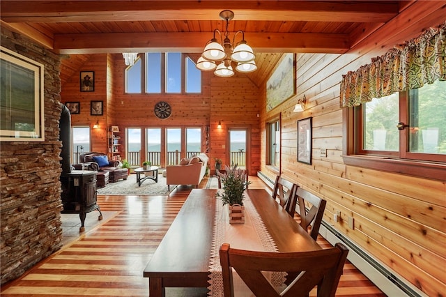 474 Thorpe Rd, Sidney, NY 13838 - dining space featuring wood walls, a chandelier, wood finished floors, a wooden ceiling with exposed beams, and high vaulted ceiling