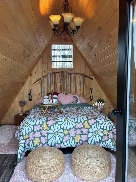 474 Thorpe Rd, Sidney, NY 13838 - bedroom featuring wood ceiling, wood walls, lofted ceiling, a chandelier, and carpet floors