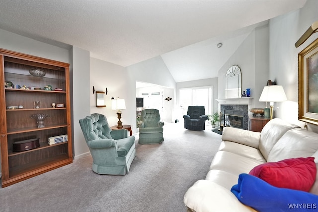 2850 Amsdell Rd Unit 30, Hamburg, NY 14075 - living area with carpet flooring, a fireplace, and lofted ceiling